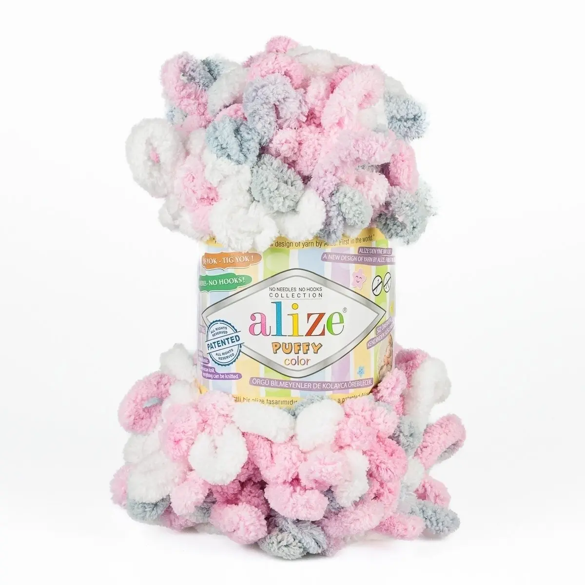 Příze s oky Alize PUFFY COLOR pro ruční pletení bez jehlic, 6370 růžovo-šedo-bílý melír, efektní, 100g/9m