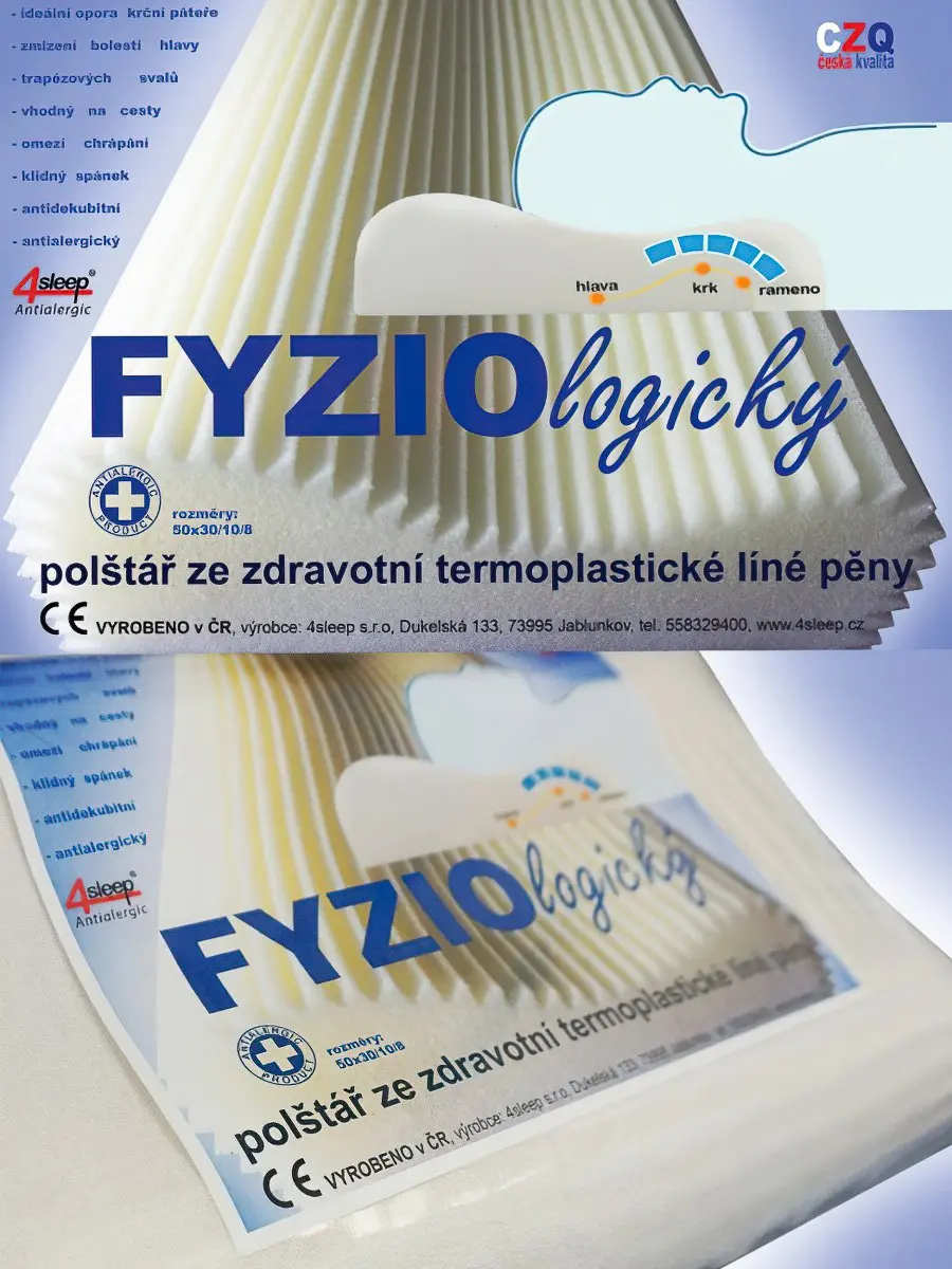 4sleep Polštář anatomický FYZIOLOGICKÝ ze zdravotní termoplastické líné pěny, 50x30x10/8cm, se zipem