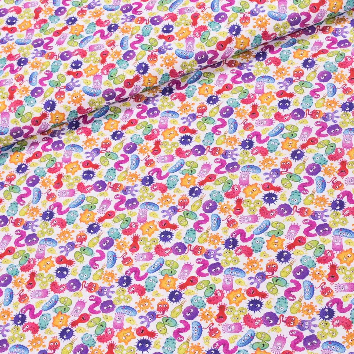 Bavlněné plátno dětské TREND VIRUS 60 MULTICOLOR, barevné viry na bílé, š.150cm (látka v metráži)