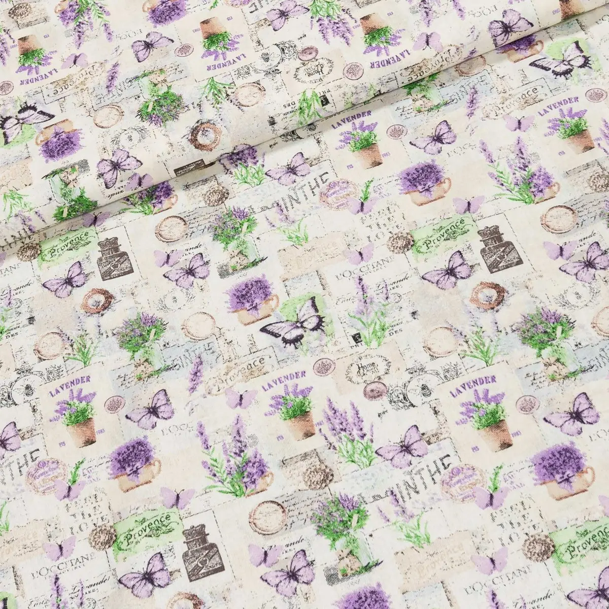 Bavlněné plátno POLO levandule a motýli, krémová, š.145cm (látka v metráži)