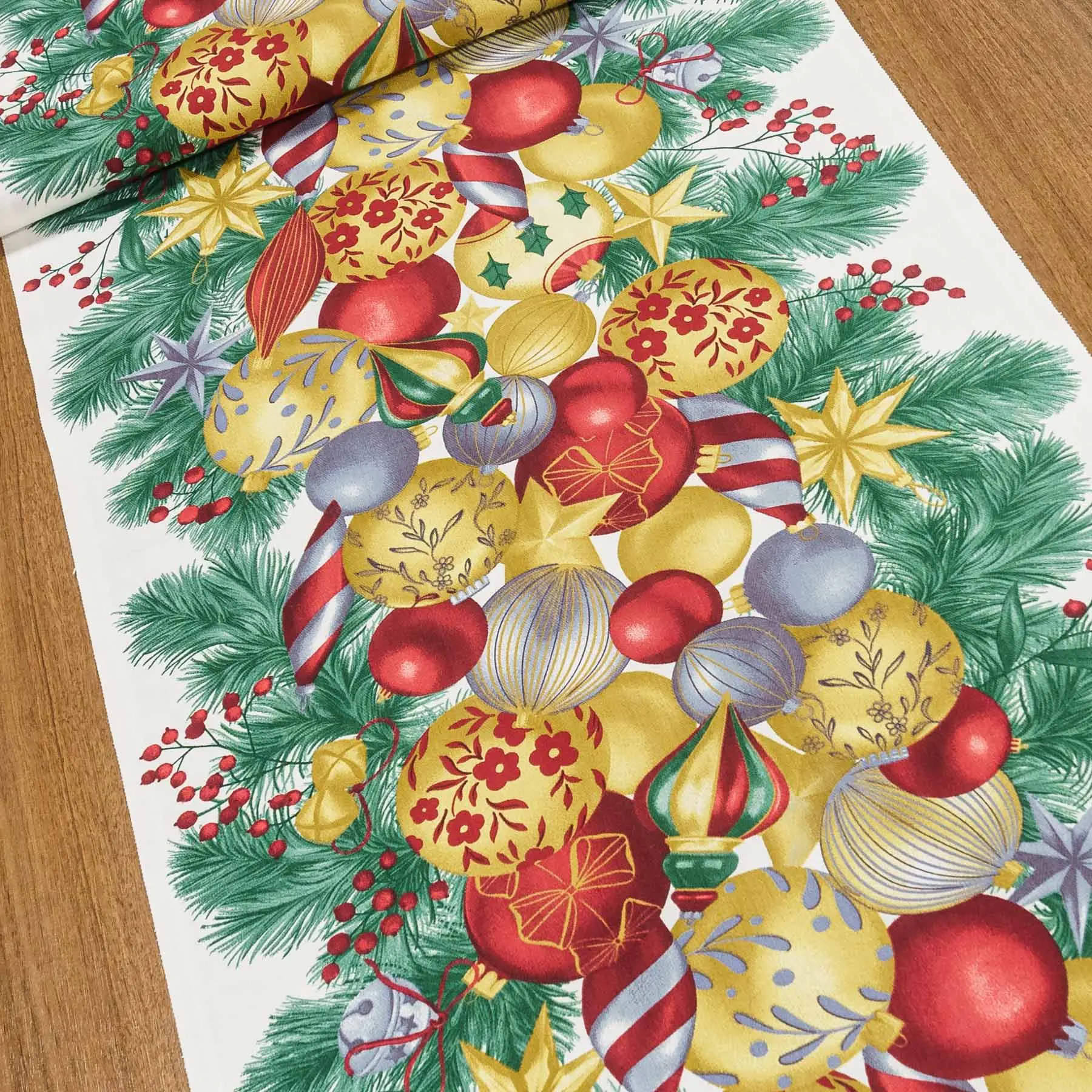 Bavlněné plátno / štola na metráž vánoční 703024, zlaté a červené baňky, š. 50cm (látka v metráži)