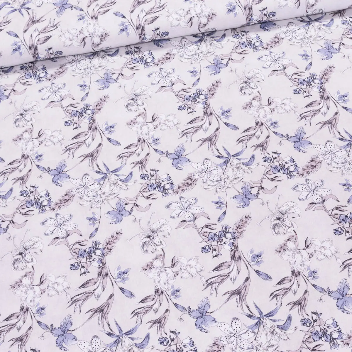 Bavlněné plátno TREND LEVILA-A 2 AZUL, fialové květy béžové, š.150cm (látka v metráži)