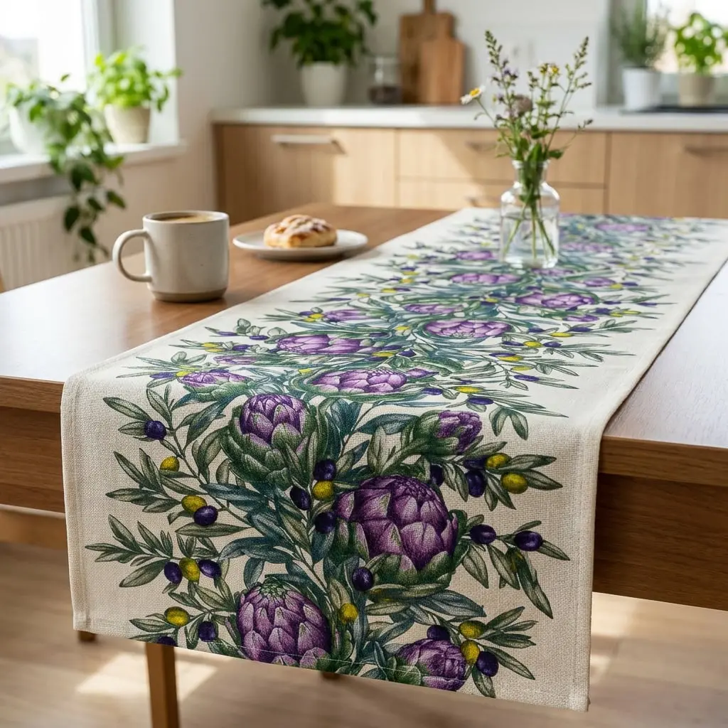 Bavlněné plátno vaflovina, utěrkovina / štola na metráž 703023/29501, fialové artyčoky š. 50cm (látka v metráži)
