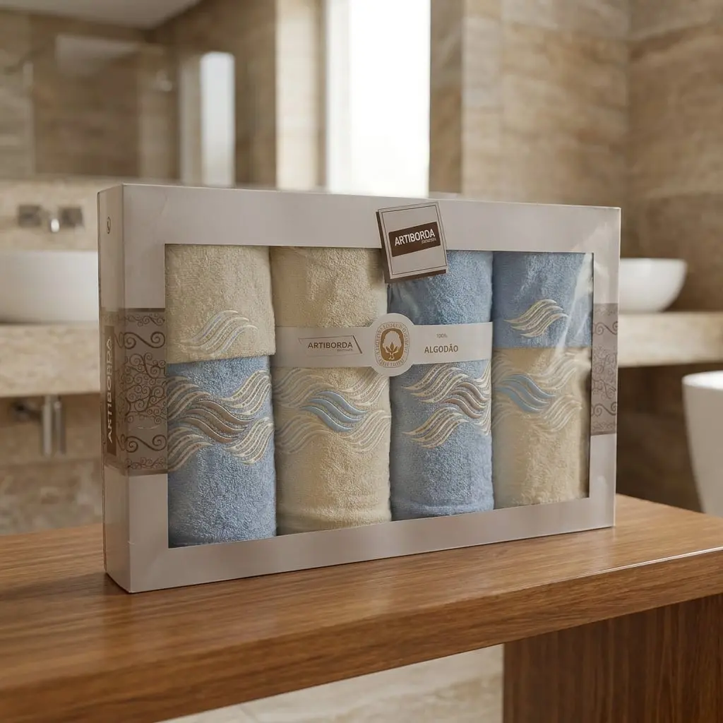 4sleep dárkový set froté ručníků a osušek 384, 6-dílný, modrá a krémová s výšivkou 2x 30x50cm + 2x 50x90cm + 2x 70x140cm