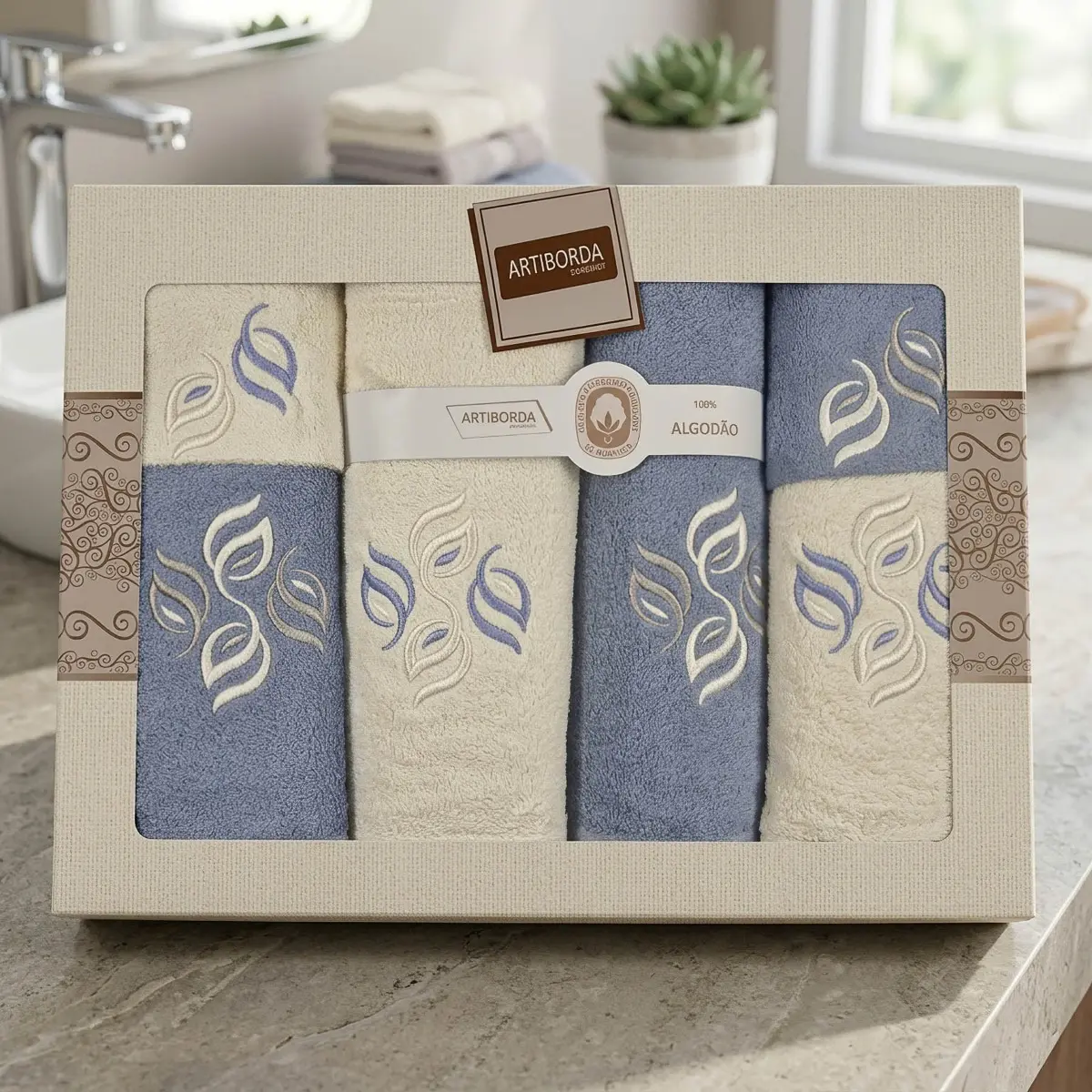 4sleep dárkový set froté ručníků a osušek 385, 6-dílný, jeans modrá a krémová s výšivkou 2x 30x50cm + 2x 50x90cm + 2x 70x140cm