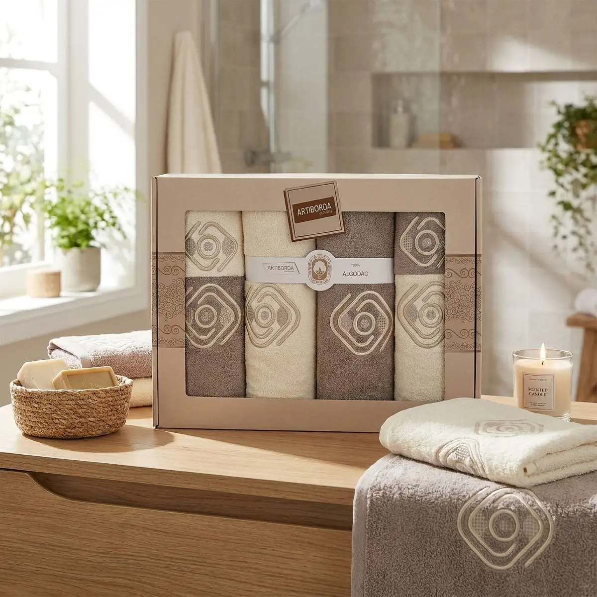 4sleep dárkový set froté ručníků a osušek 388, 6-dílný, capuccino a krémová s výšivkou 2x 30x50cm + 2x 50x90cm + 2x 70x140cm