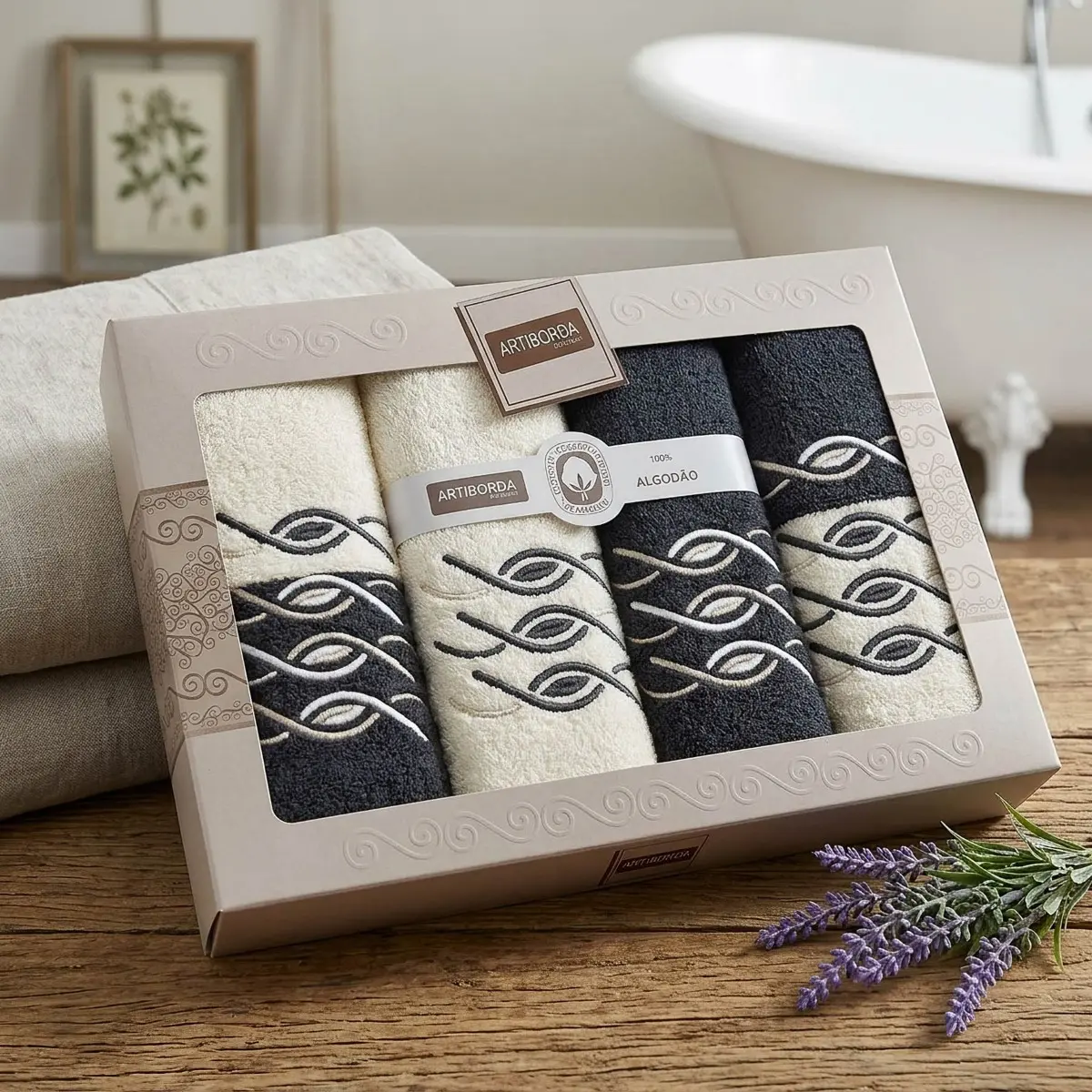 4sleep dárkový set froté ručníků a osušek 394, 6-dílný, černá a krémová s výšivkou 2x 30x50cm + 2x 50x90cm + 2x 70x140cm