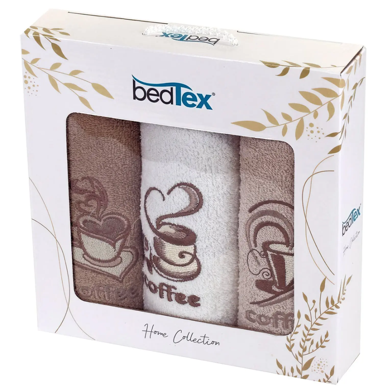 BedTex dárkový set froté ručníků ČAS NA KÁVU, béžový s výšivkou, 30x50cm, 3ks