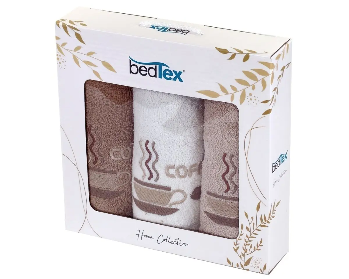 BedTex dárkový set froté ručníků RANNÍ KÁVA, béžový s výšivkou, 30x50cm, 3ks