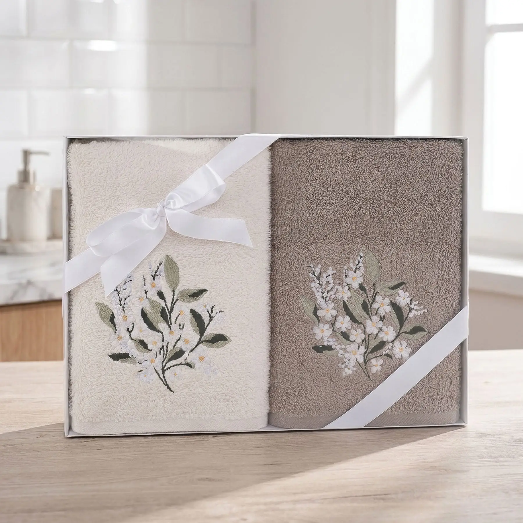 Praktik dárkový set froté ručníků SANY 04, bílé květiny, bílo-béžová, 2x 50x90cm