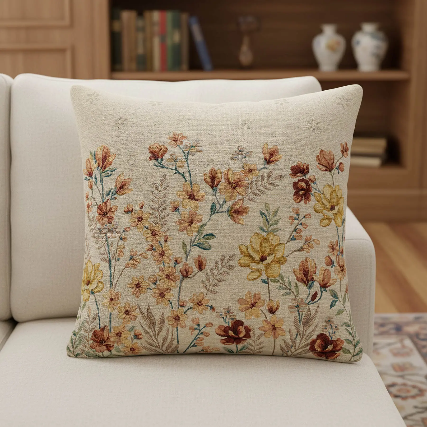 Dekoratex Dekorační povlak na polštářek RETRO ŽLUTÉ A VÍNOVÉ KVĚTY 45x45cm