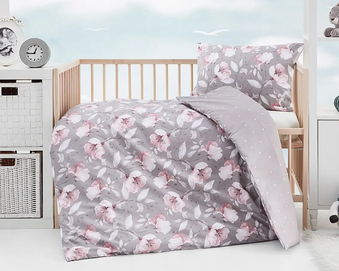 Dětské povlečení AMABEL BABY, růžové květy na šedé, bavlna hladká,