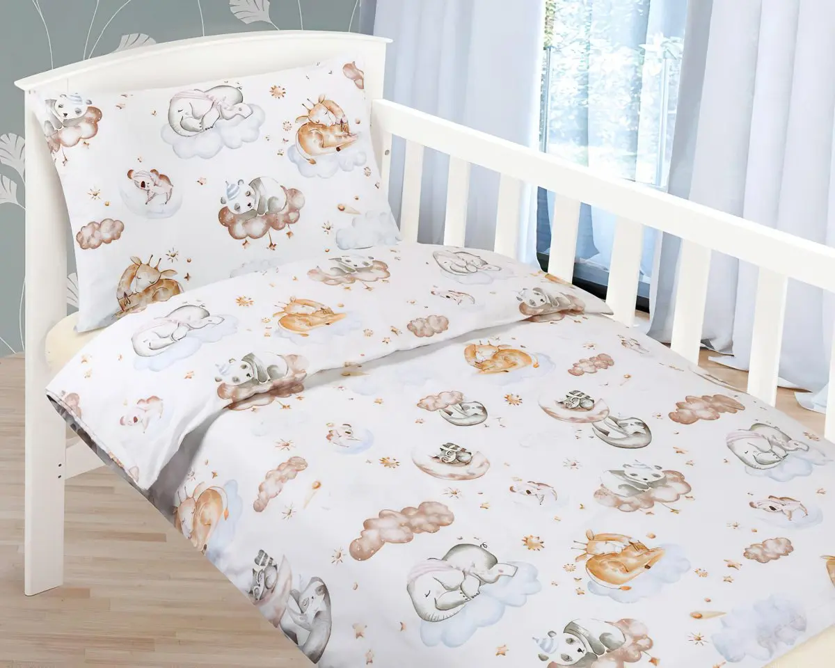Bellatex Dětské bavlněné povlečení do postýlky Agáta Zvířátka na obláčku, 90 x 135 cm, 45 x 60 cm, 90 x 135 cm, 45 x 60 cm