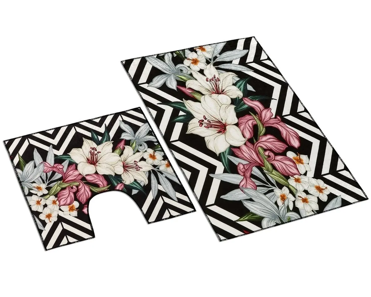 Bellatex koupelnová souprava 3D LILIE, růžovo-černá 100x60cm (předložka) + 60x50cm (na WC)