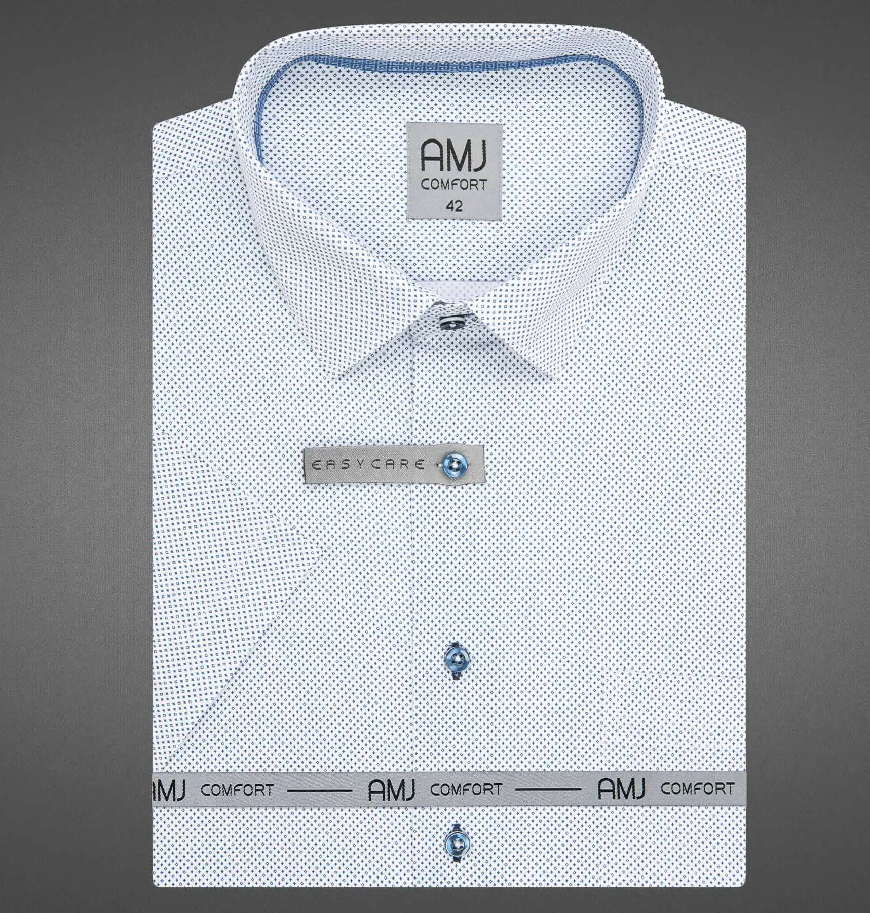AMJ Pánská košile bavlněná, bílá, modré kostičky, VKSBR1450, krátký rukáv, slim fit, vel. 45