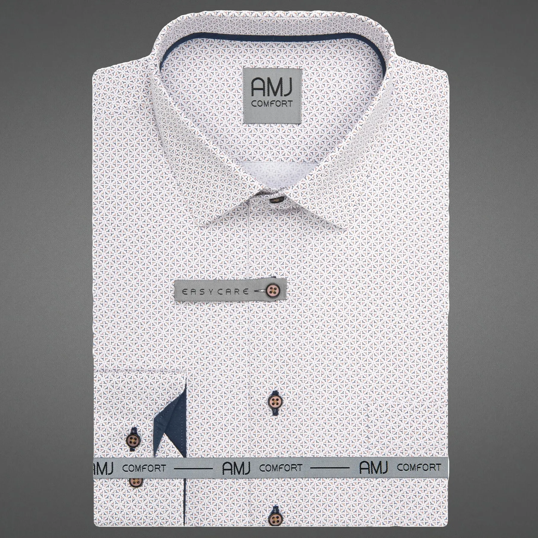 AMJ Pánská košile bavlněná, bílá s modro béžovým vzorem VDSBR1462, dlouhý rukáv, slim-fit, vel.