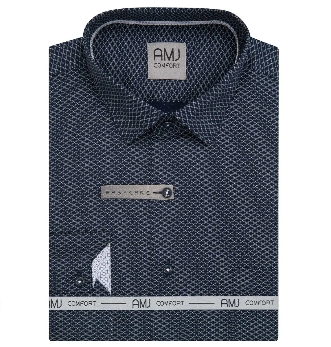 AMJ Pánská košile AMJ bavlněná, tmavě modrá vlnkovaná VDSBR1502, dlouhý rukáv, slim fit, vel. 45