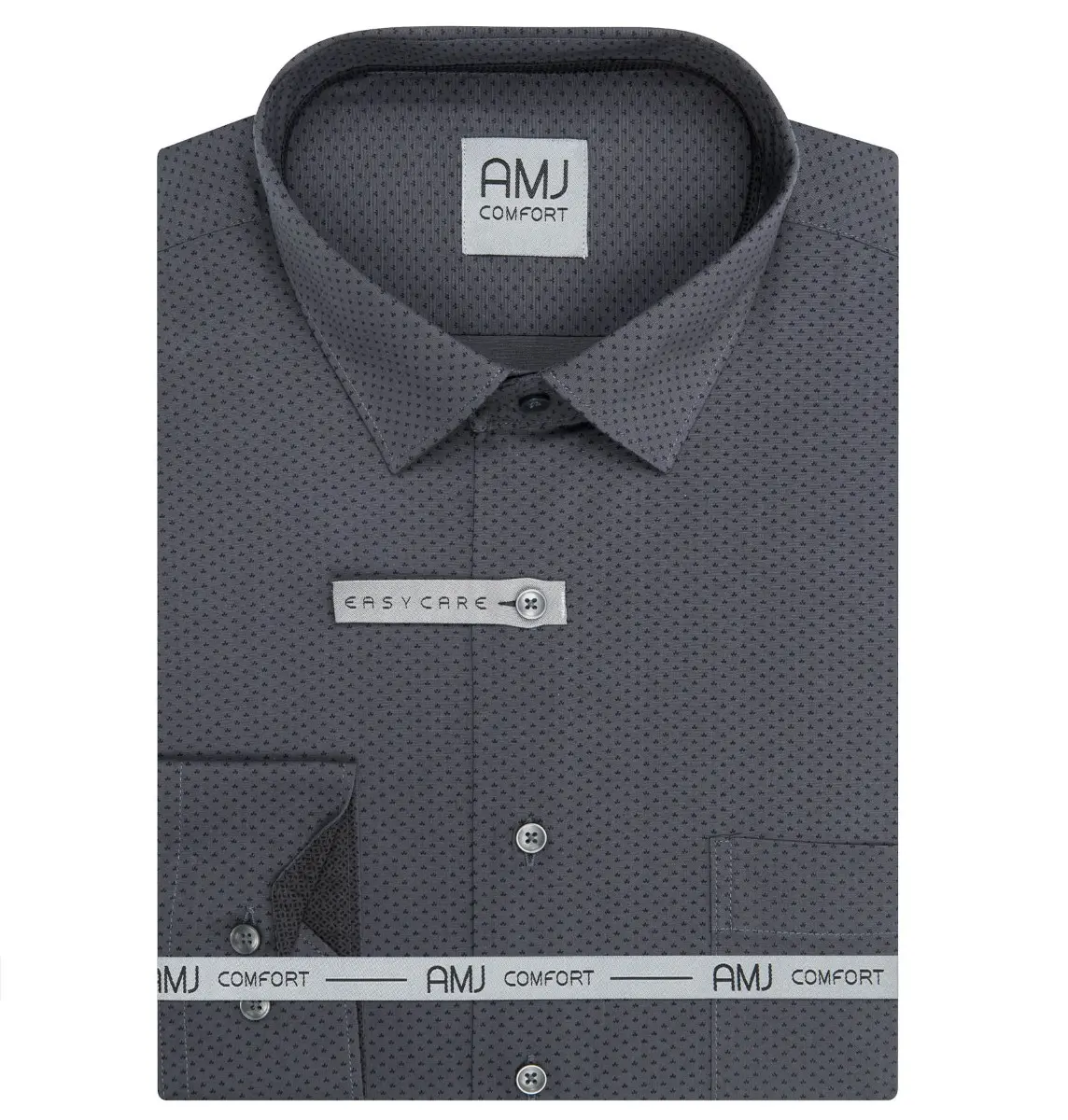 AMJ Pánská košile AMJ bavlněná, tmavě šedá s trojlístky VDSBR1482, dlouhý rukáv, slim fit, vel. 37