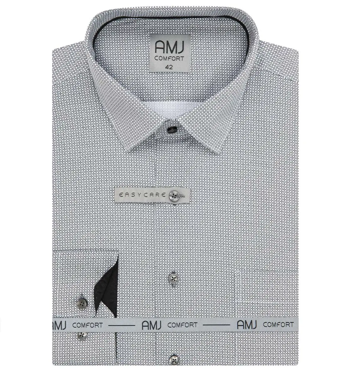 Pánská košile AMJ bavlněná, bílá s šedými kosočtverečky a puntíky, VDSBR1350, dlouhý rukáv, slim fit, vel. 44