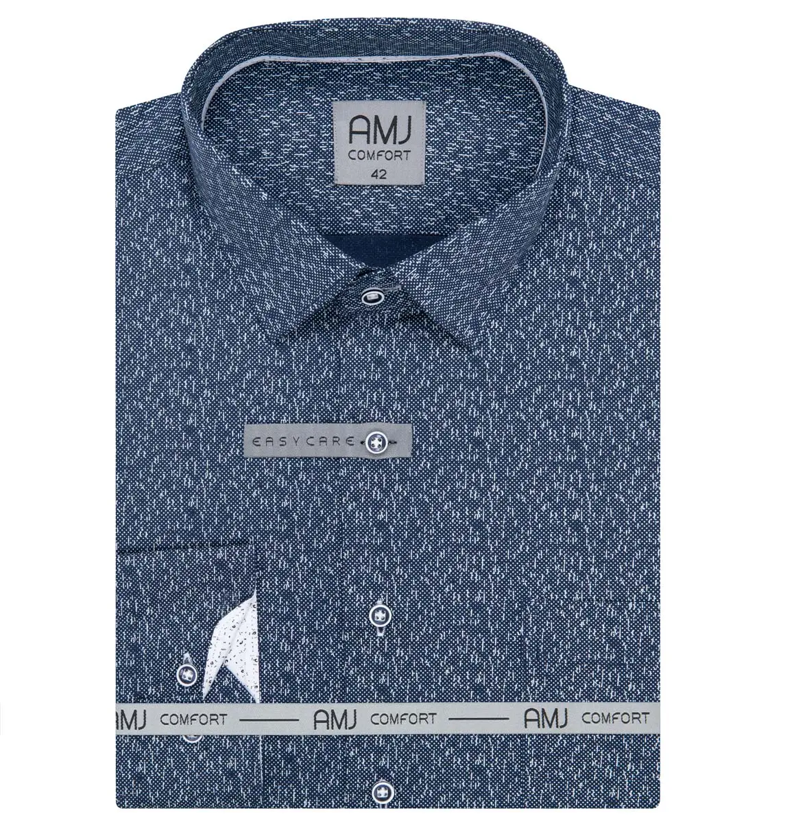 Pánská košile AMJ bavlněná, tmavě modrá s bílým prší vzorem VDSBR1382, dlouhý rukáv, slim fit, vel. 42