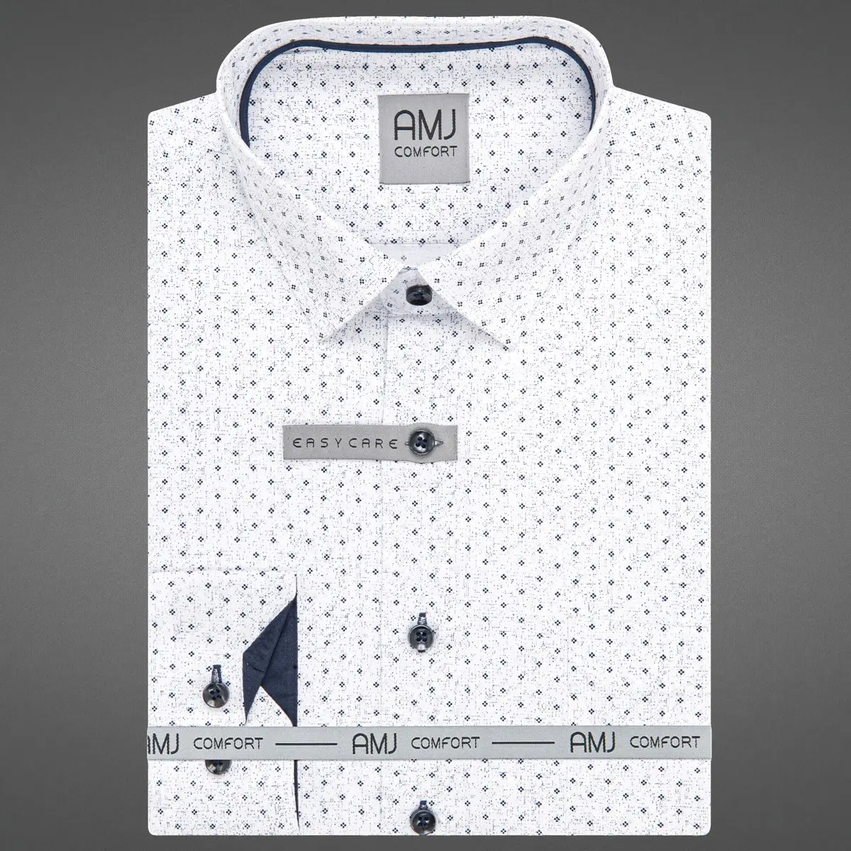 Pánská košile AMJ bavlněná, bílá s tmavě modrými tečkami VDSBR1416, dlouhý rukáv, slim fit, vel. 44