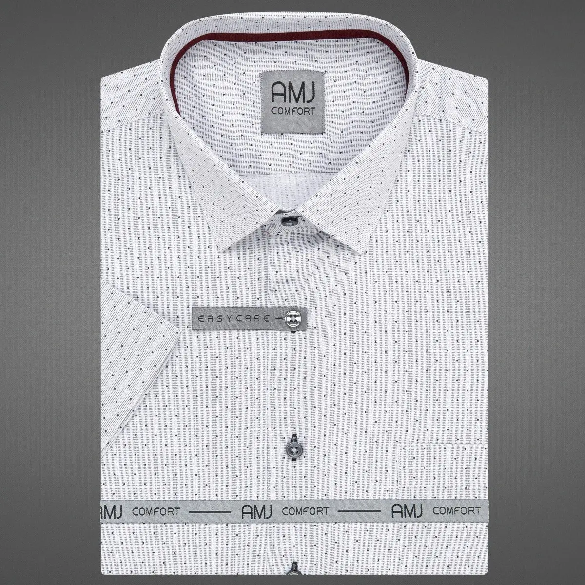 AMJ Pánská košile bavlněná, bílá, světle šedě tečkovaná, VKSBR1355, krátký rukáv, slim fit, vel.