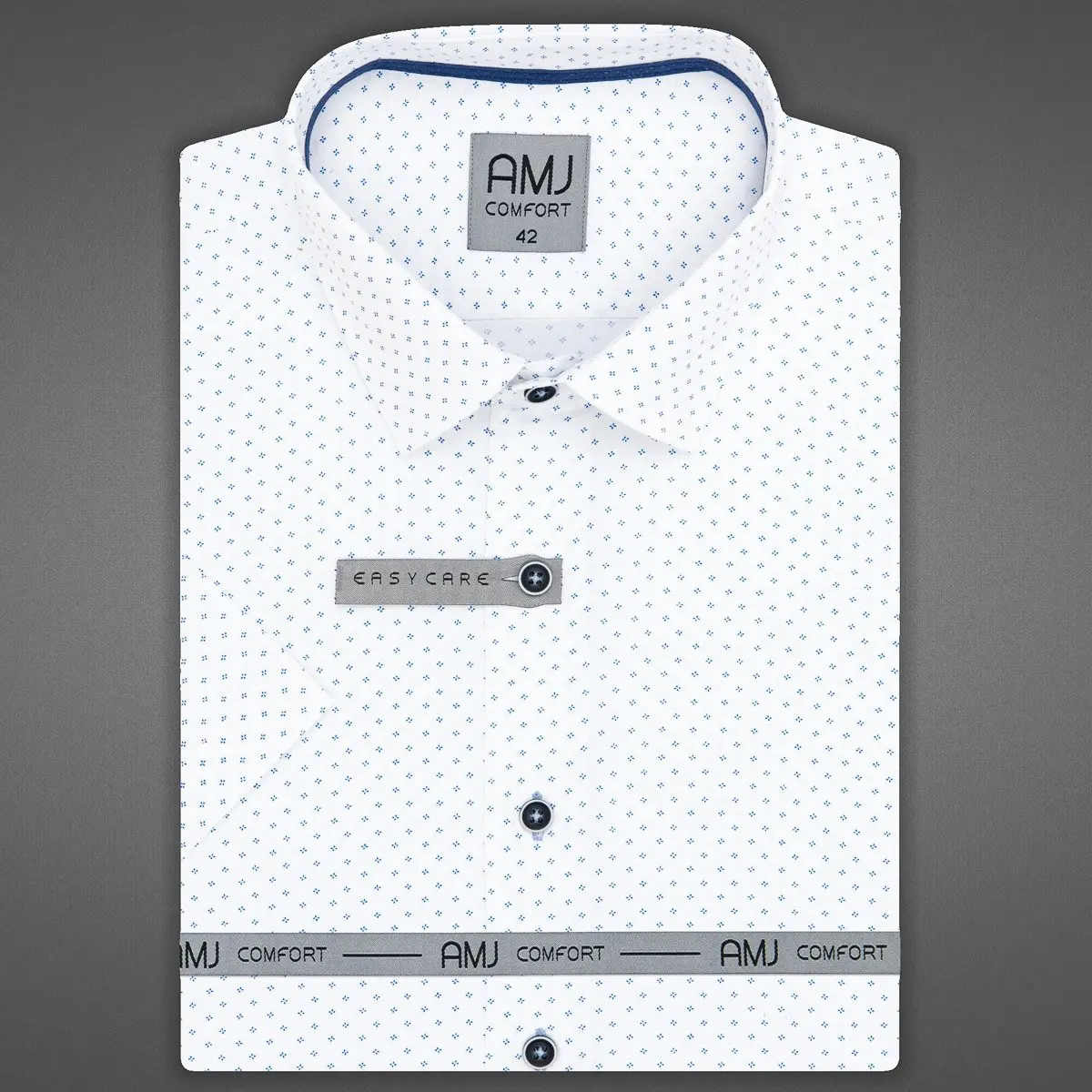 AMJ Pánská košile bavlněná, bílá s tečkovanými křížky VKSBR1287, krátký rukáv, slim-fit, vel. 42