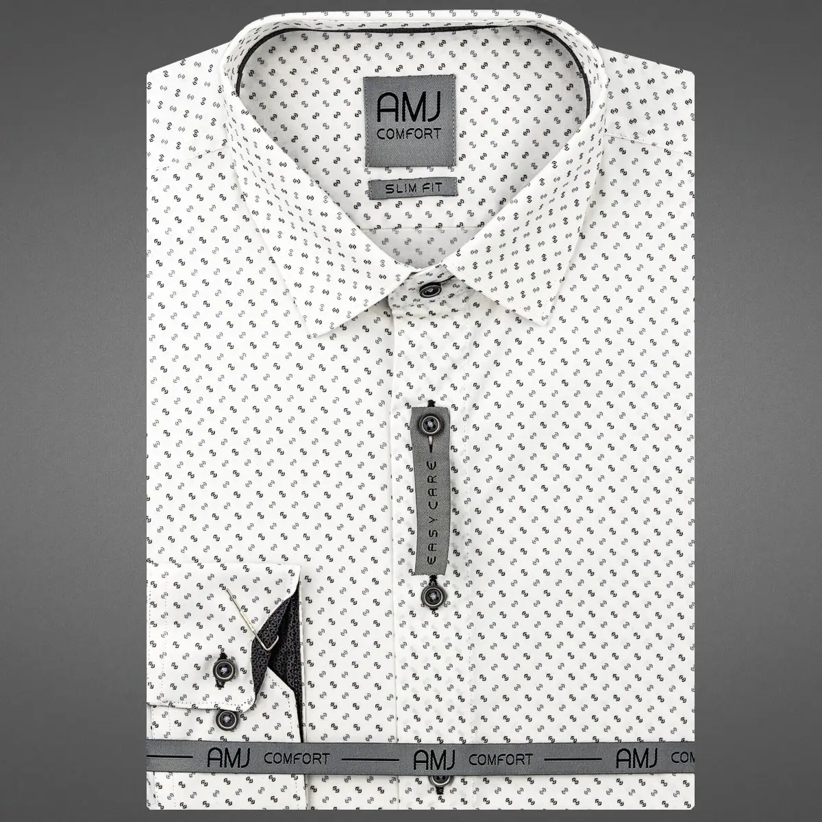 AMJ Pánská košile bavlněnábílá s černými vlnkami a puntíky VDSBR1236, dlouhý rukáv, slim fit, vel. 42