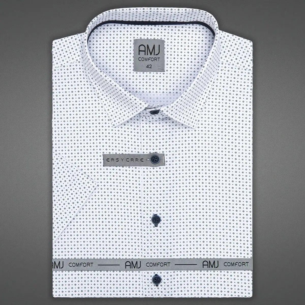 AMJ Pánská košile bavlněná, bílá s puntíky a tečkami VKSBR1205, krátký rukáv, slim-fit, vel. 40