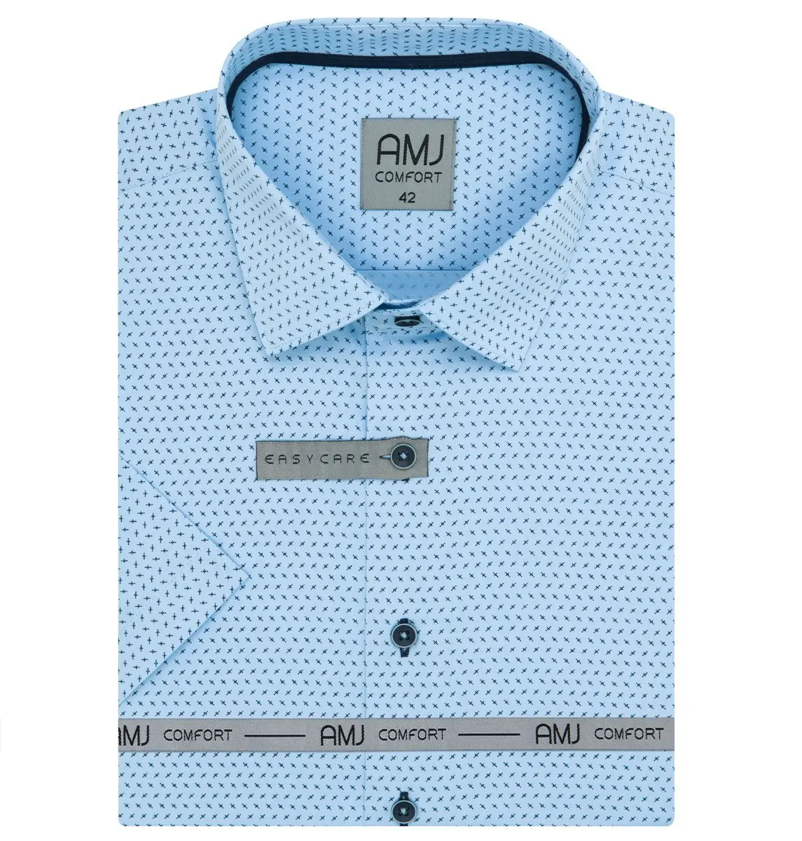 AMJ Pánská košile bavlněná, světle modrá s křížky, VKSBR1286, krátký rukáv, slim fit, vel.