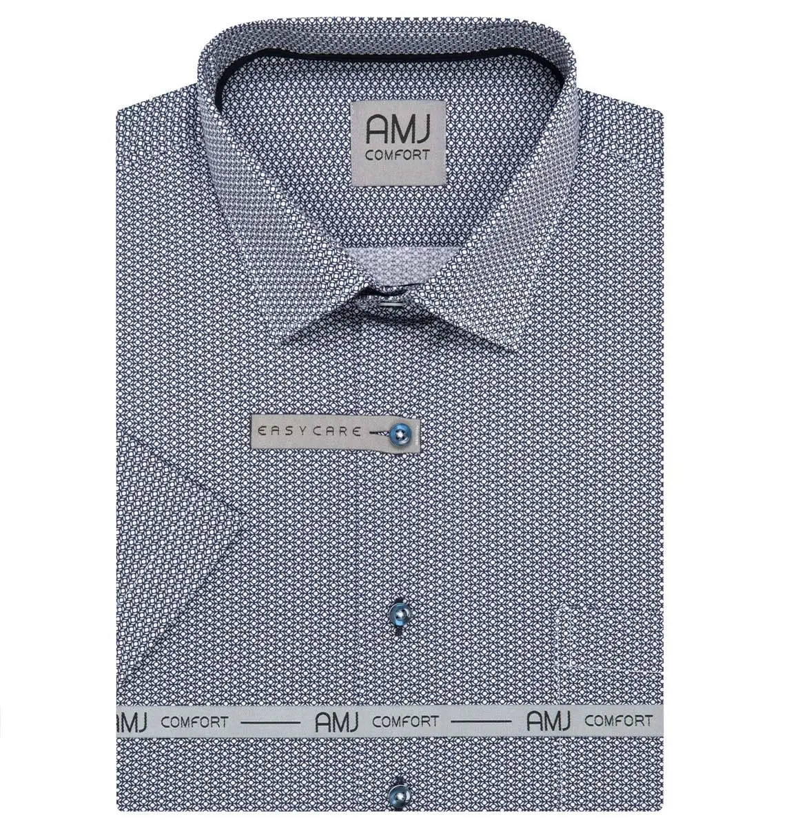 AMJ Pánská košile bavlněná, tmavě modrá s bílými puntík, VKSBR1375, krátký rukáv, slim fit, vel. 42