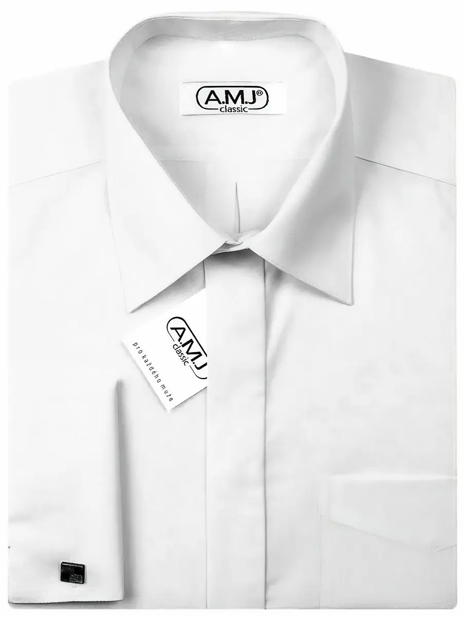 AMJ Pánská košile na manžetové knoflíčky JDPSA018MK bílá, dlouhý rukáv, prodloužená délka, slim fit, vel.