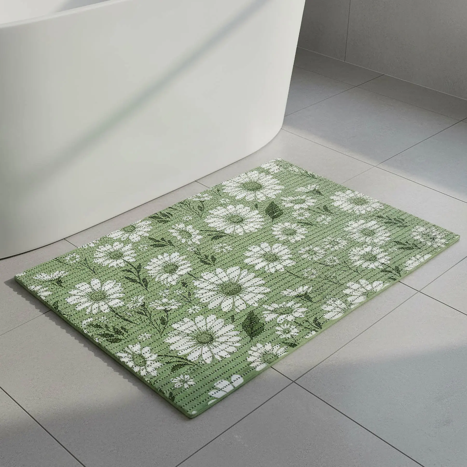 Pěnová předložka PVC AQUAMAT 4108-2, kopretiny na zelené, šíře 65cm (metráž)