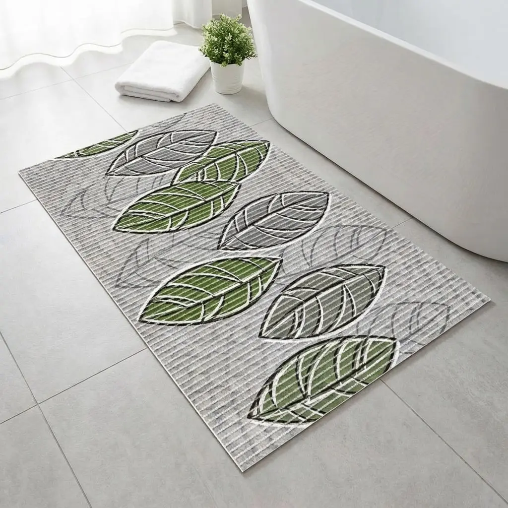 Pěnová předložka PVC AQUAMAT 573D, velké listy zelené na šedé, šíře 65cm (metráž)