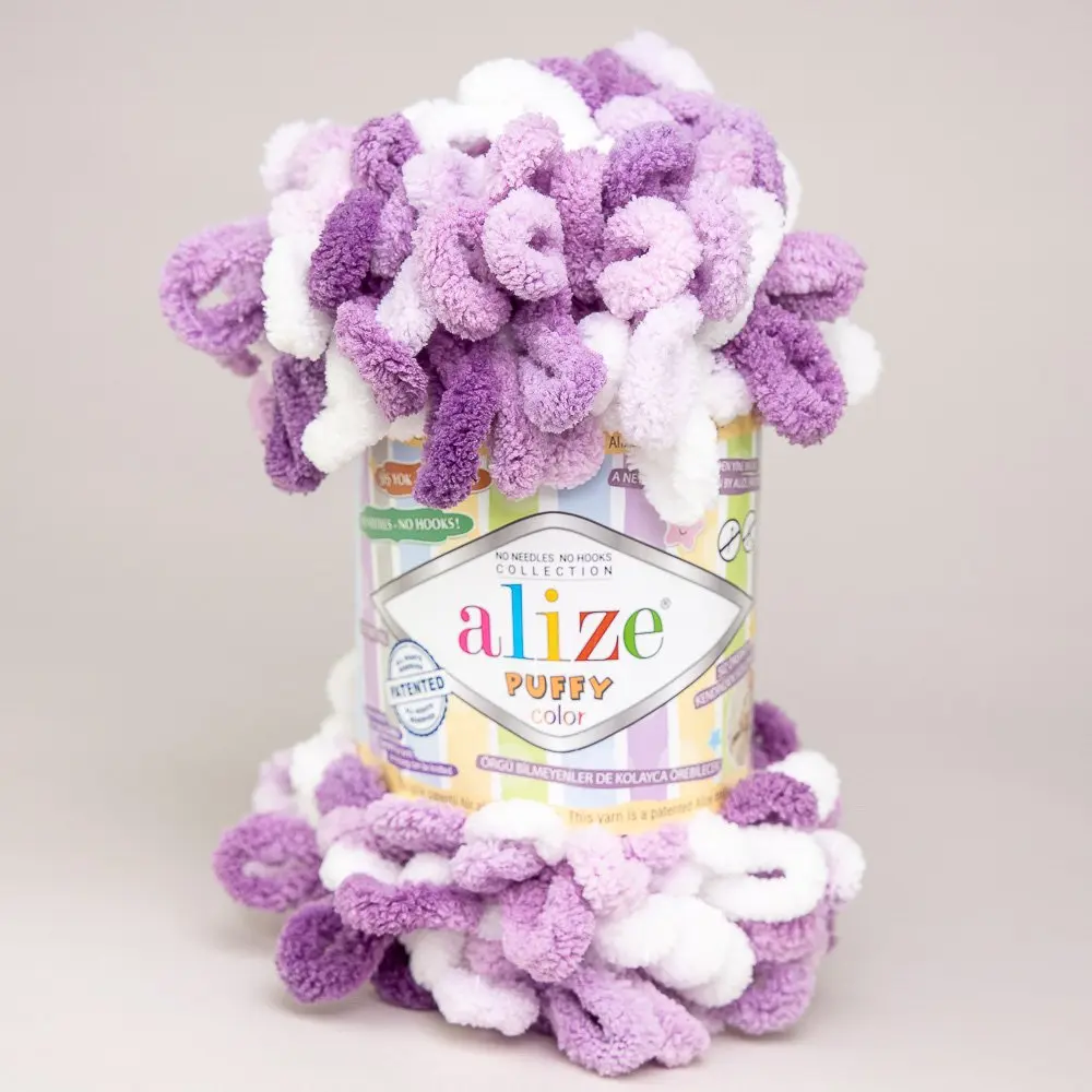 Příze s oky Alize PUFFY COLOR pro ruční pletení bez jehlic, 5923 fialový melír, efektní, 100g/9m