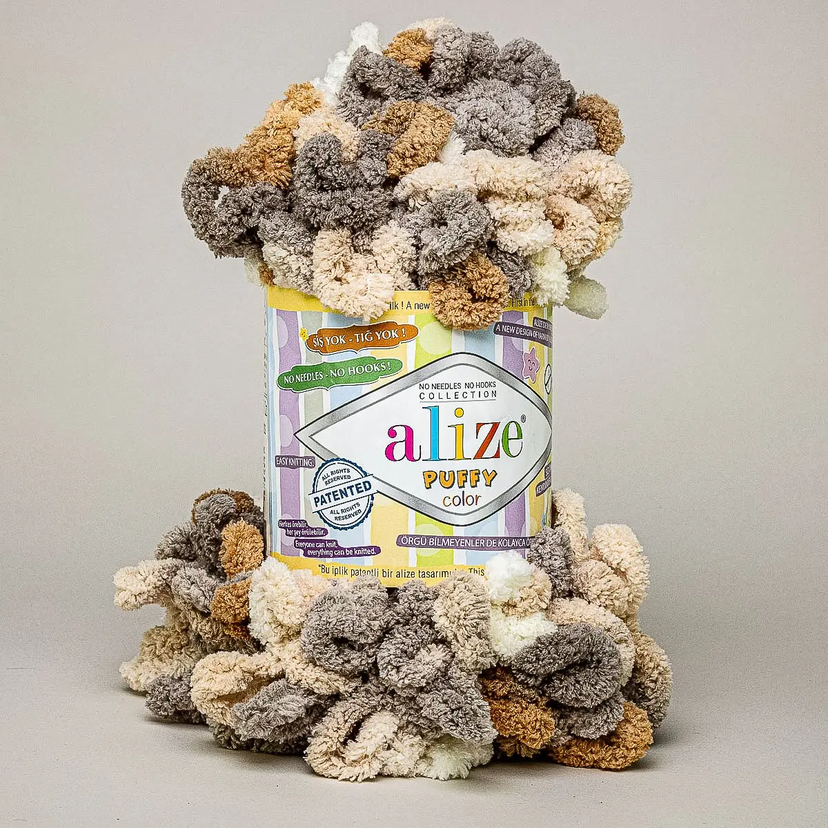 Příze s oky Alize PUFFY COLOR pro ruční pletení bez jehlic, 5926 béžovo-smetanovo-hnědý melír, efektní, 100g/9m