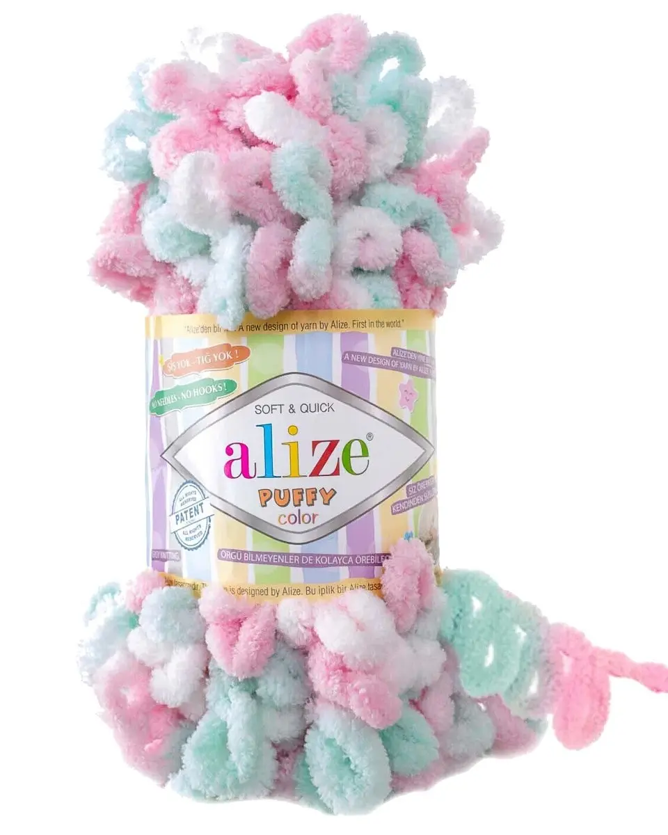 Příze s oky Alize PUFFY COLOR pro ruční pletení bez jehlic, 6052 zeleno-růžovo-bílý melír, efektní, 100g/9m