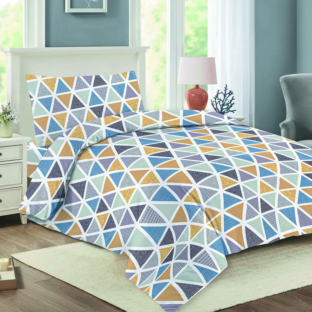 Jahu Povlečení NELA 03 TRIANGULO, modro-okrové trojúhelníky, bavlna hladká, 140x200cm + 70x90cm