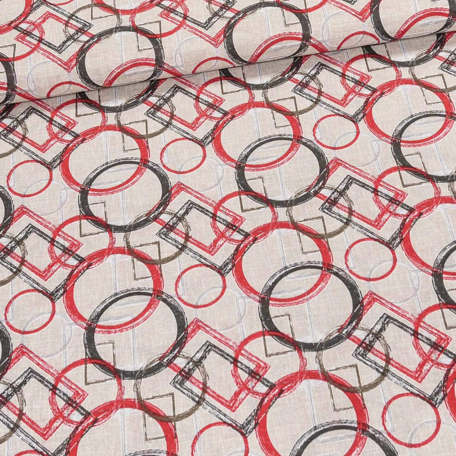 Směsové plátno ARCHIMEDOS ČERVENÁ, červeno-černé geometrické tvary na režné, š.140cm (látka v metráži)