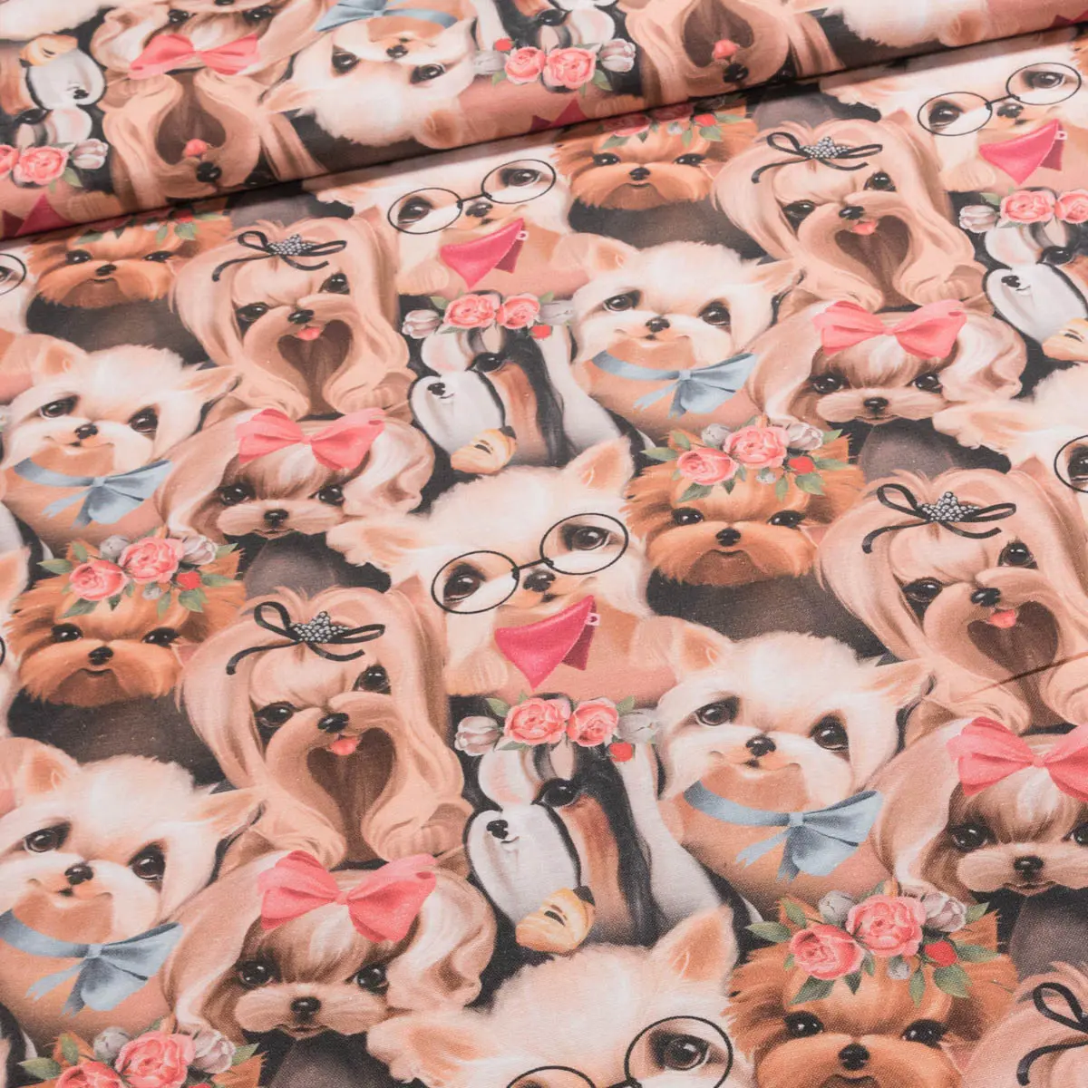 Směsové plátno DOGIES, pejsci, béžová, š.140cm (látka v metráži)
