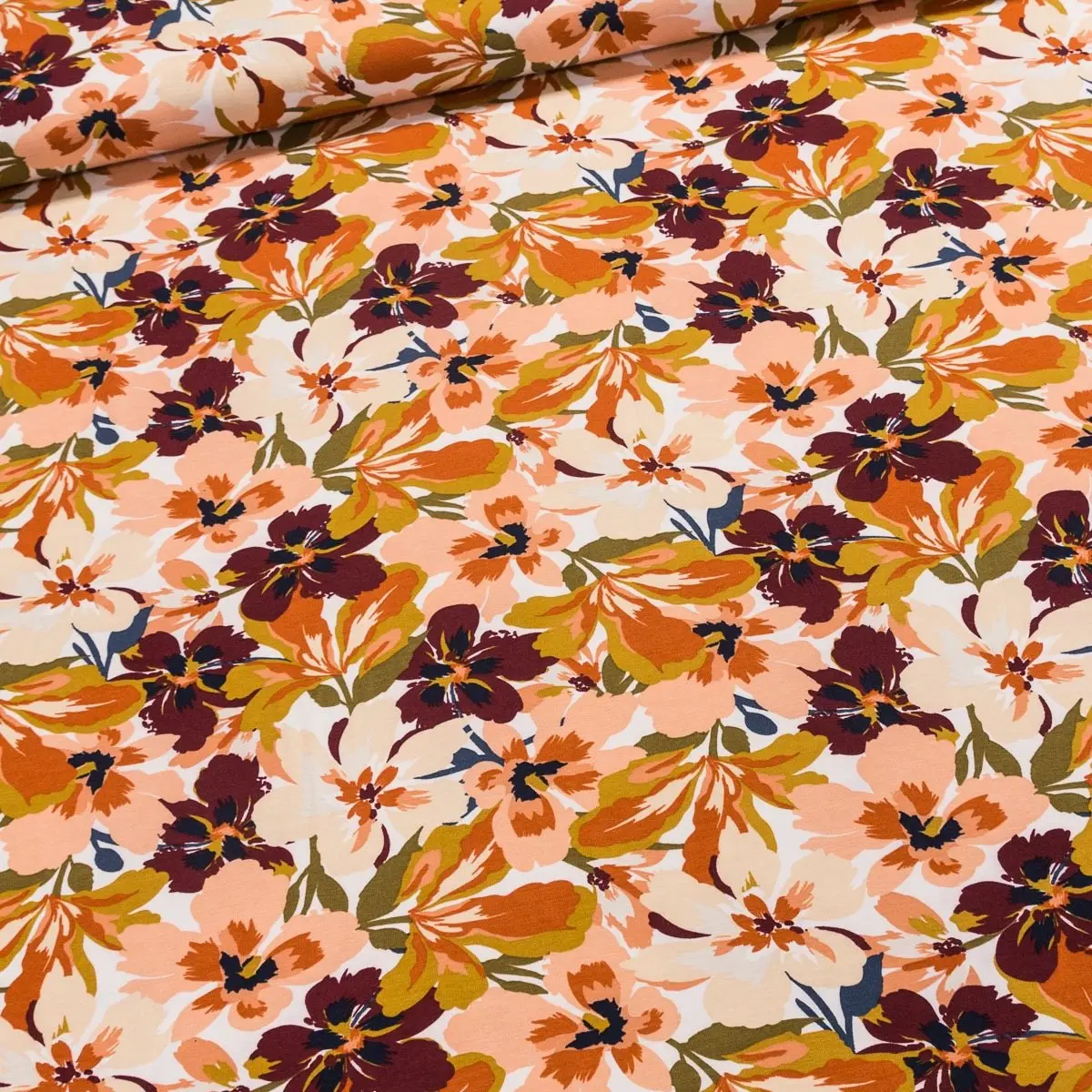 Směsový úplet 09906-001 oranžové a béžové květy, š.150cm (látka v metráži)