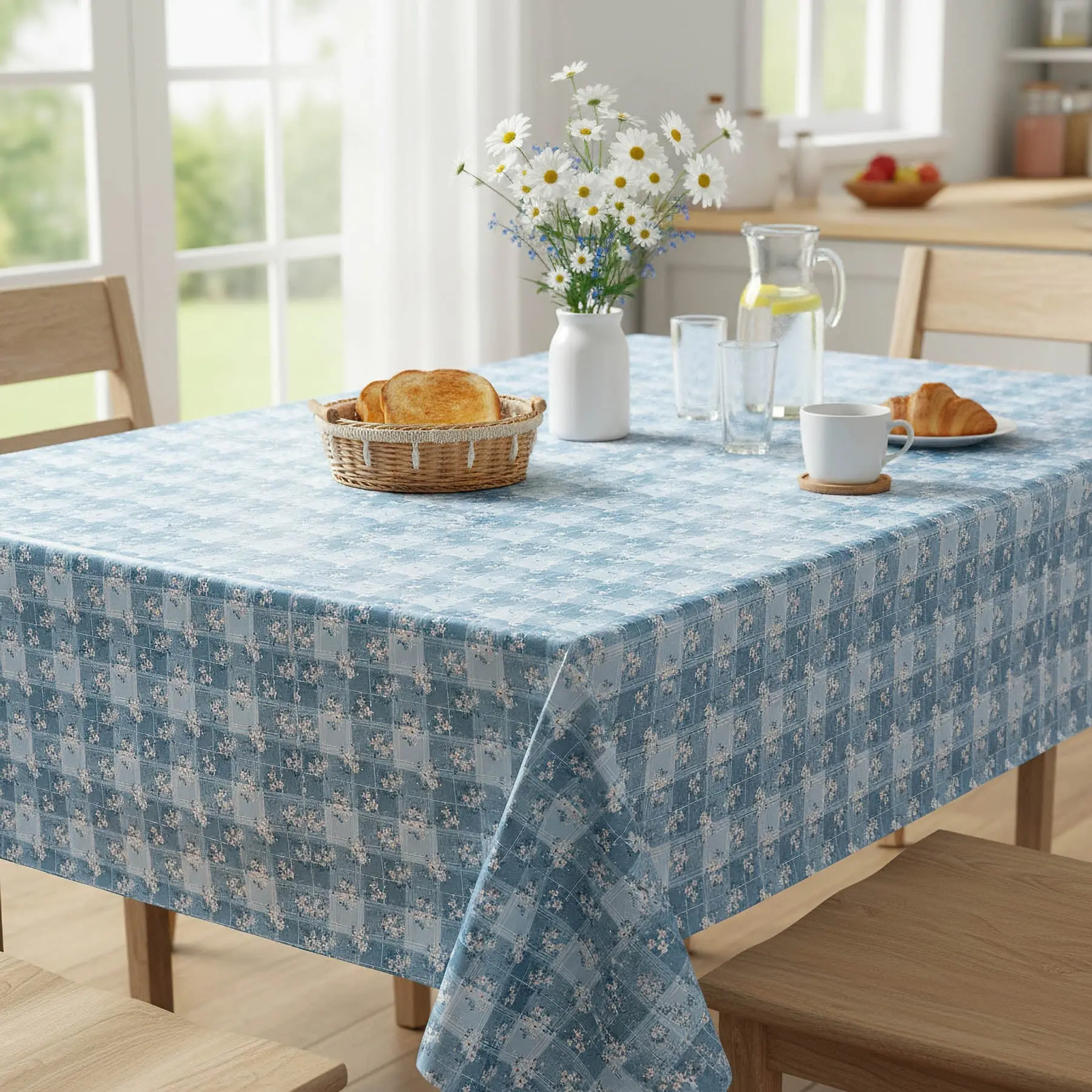 Ubrus PVC s textilním podkladem 1217-4, luční kvítí, káro modré, š.140cm (metráž)