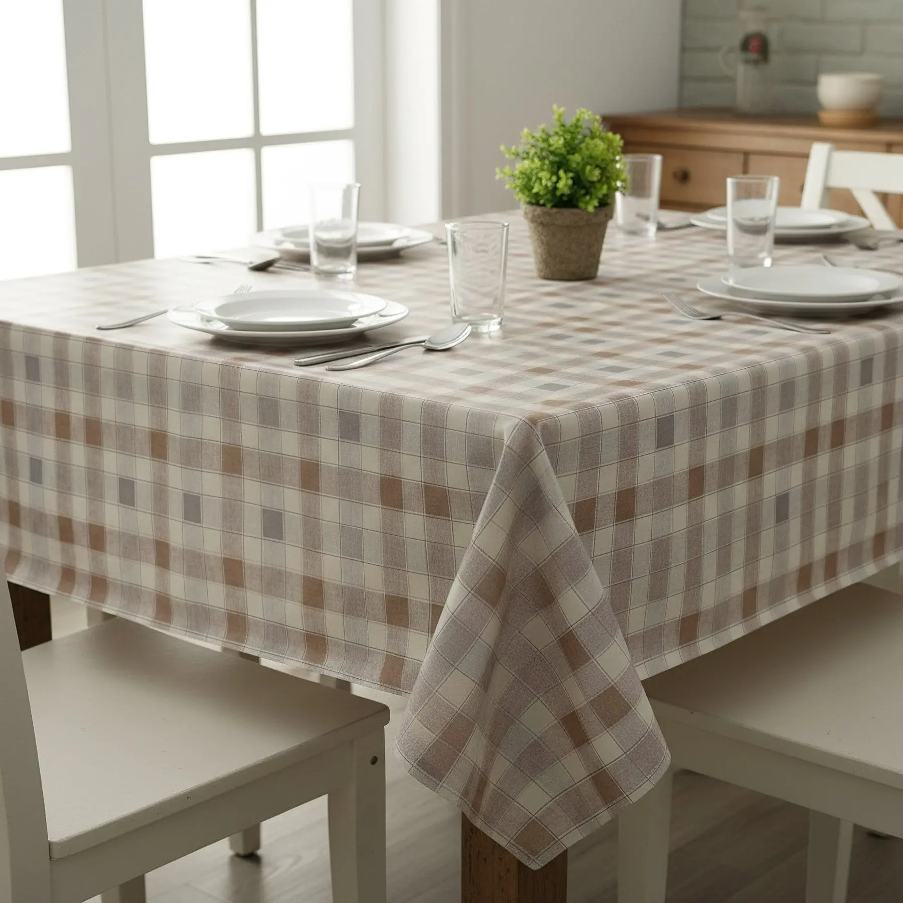 Ubrus PVC s textilním podkladem 1353-01, klasické káro, béžovo-hnědá, š.140cm (metráž)
