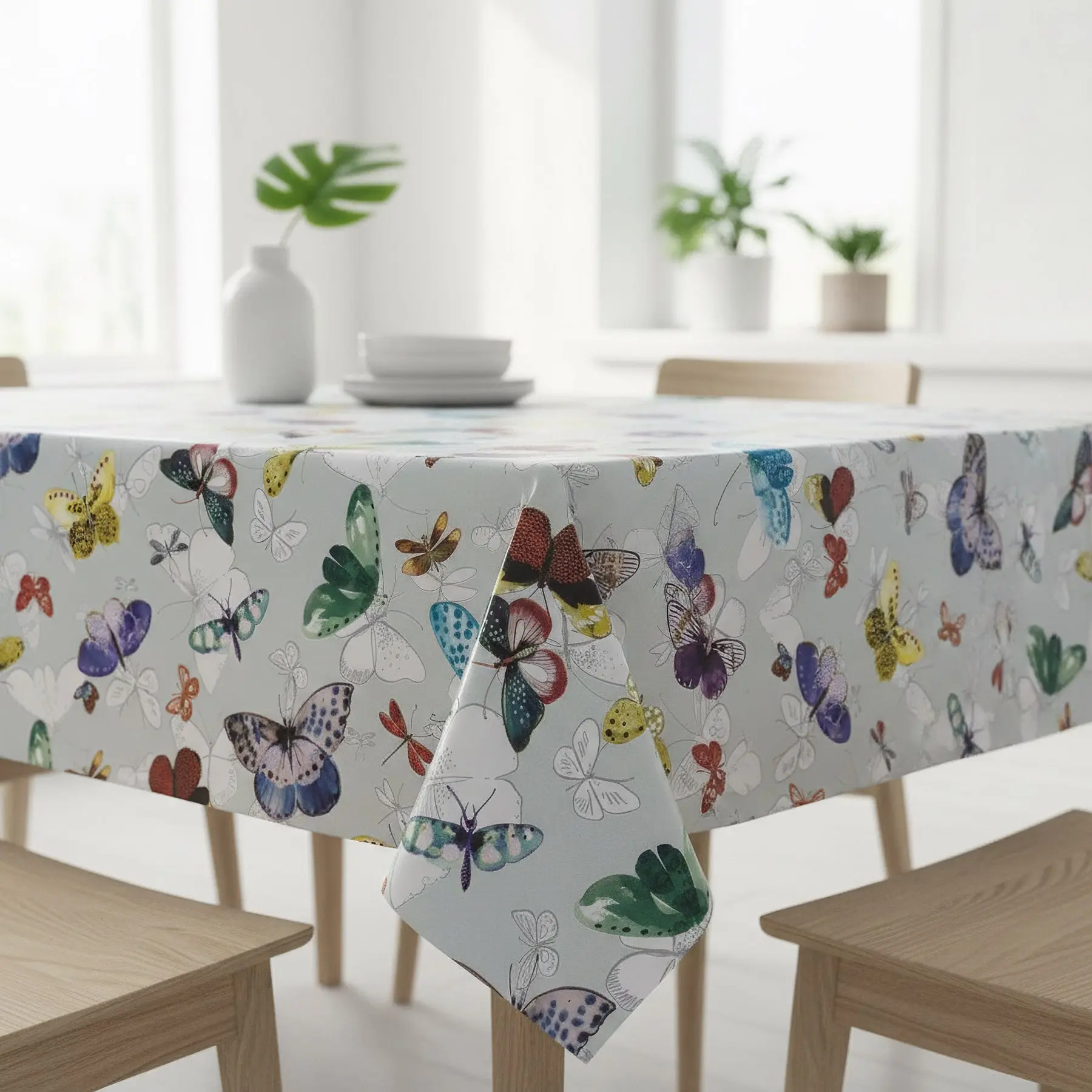 Bonita ubrus PVC s textilním podkladem 170/1, barevní motýli na šedém žíhání, š.140cm (metráž)