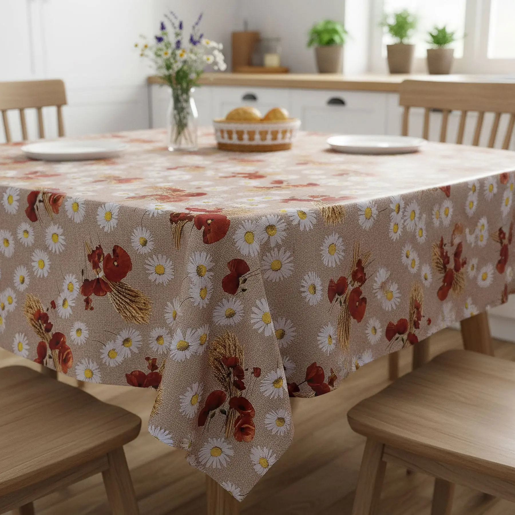 Fantastik ubrus PVC s textilním podkladem 605-1 vlčí máky a kopretiny na režné pytlovině, š.140cm (metráž)