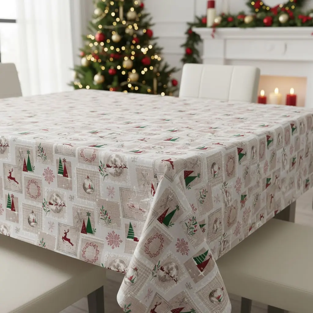 Sareha ubrus PVC s textilním podkladem vánoční 6352-01, vánoční kouzlo na béžové, š.140cm (metráž)