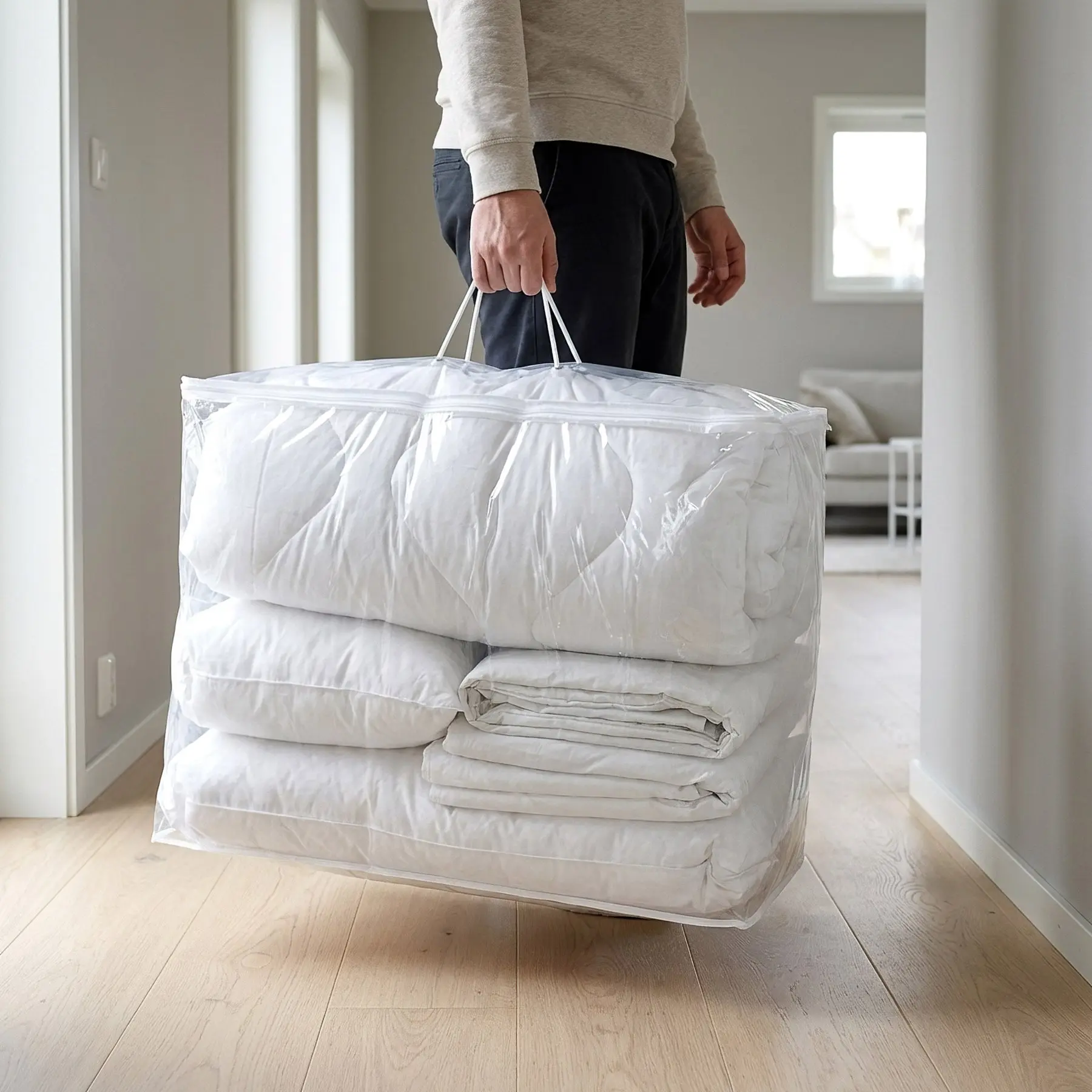 Bellatex Úložný obal na lůžkoviny a deky 60×45×20 cm – taška se zipem a textilním uchem, průhledný, bílý lem