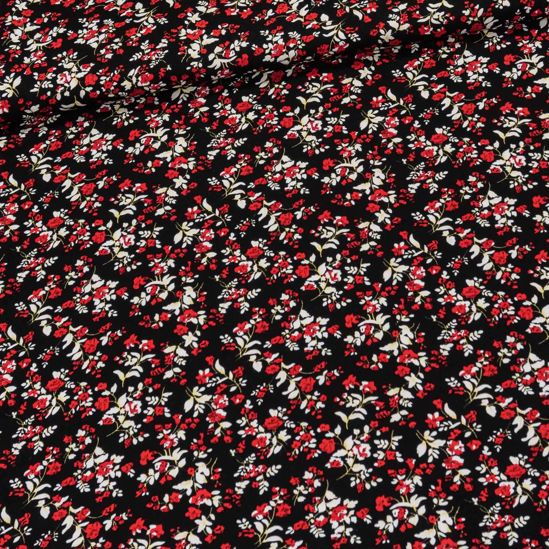 Viskózový úplet 4577/01, červeno-bílé květinky na černé, š.150cm (látka v metráži)