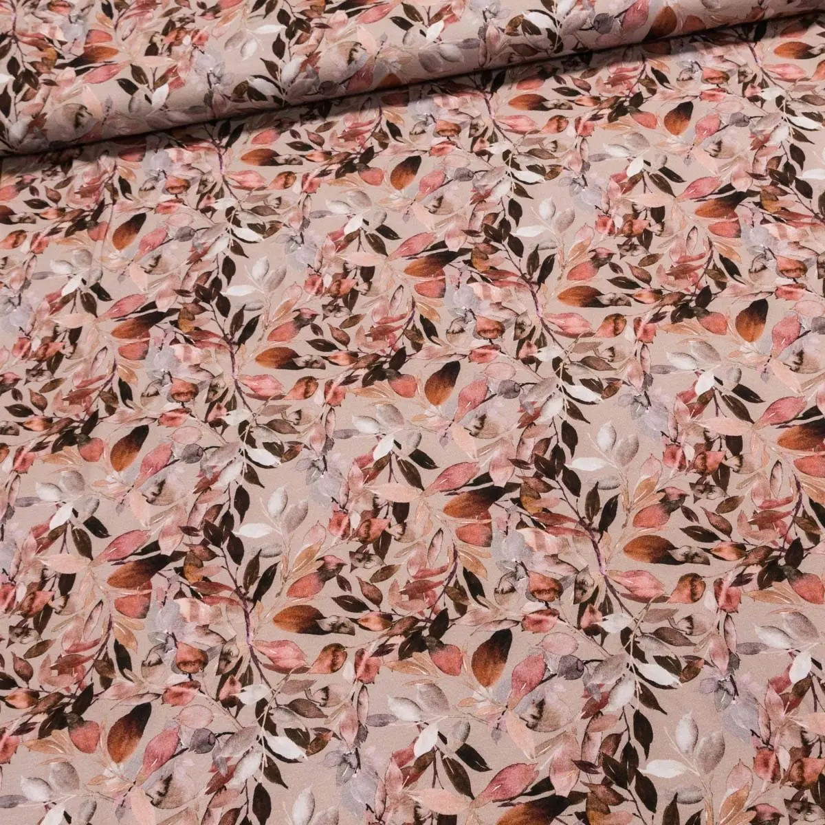 Viskózový úplet DIGITÁLNÍ TISK 2903 1161 lístky na béžové, š.150cm (látka v metráži)