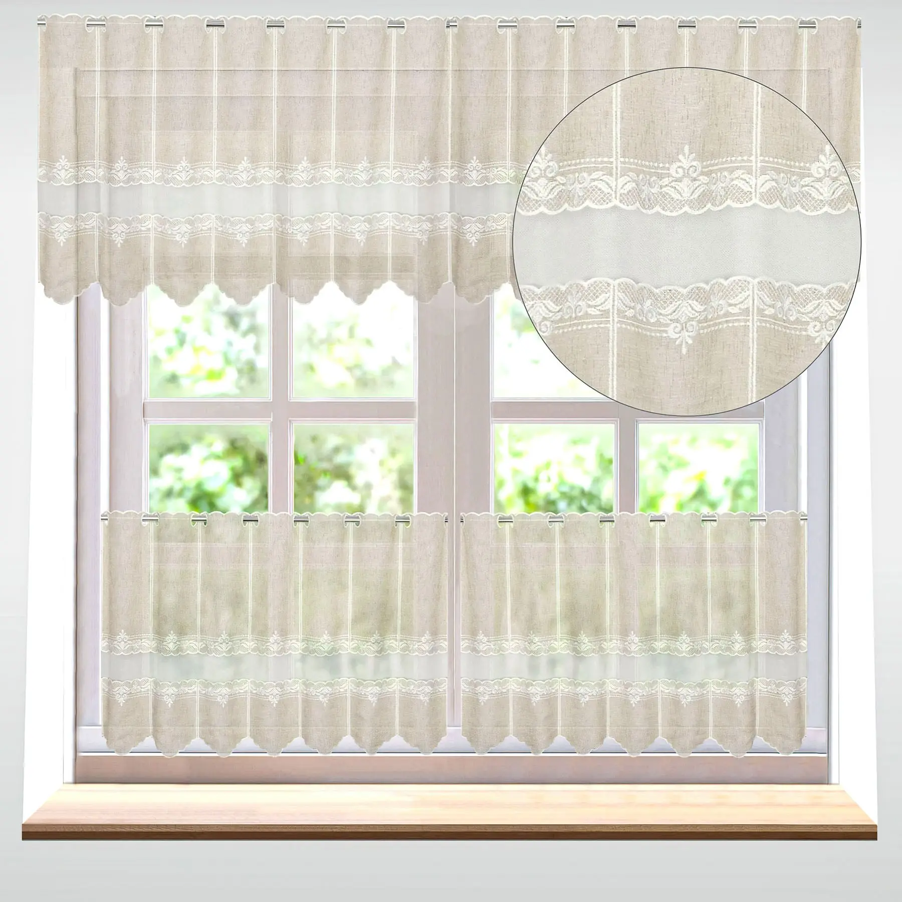 Forbyt vitrážová záclona, polyesterový batist 27027, REŽNÁ, vyšívané ornamenty s tylem, s bordurou, výška 40cm (v metráži)